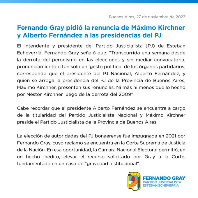 Gray pide que Máximo abandone la presidencia del PJ: "Ni más ni menos que lo hecho por Néstor"
