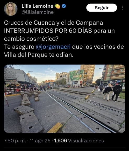 Lilia Lemoine maldijo a Jorge Macri por una obra, pero era de Nación y tuvo que borrar su tweet
