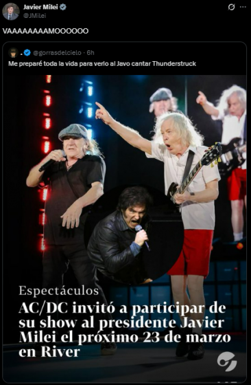 Milei festejó que AC/DC lo invitó a tocar en River pero se comió una fake