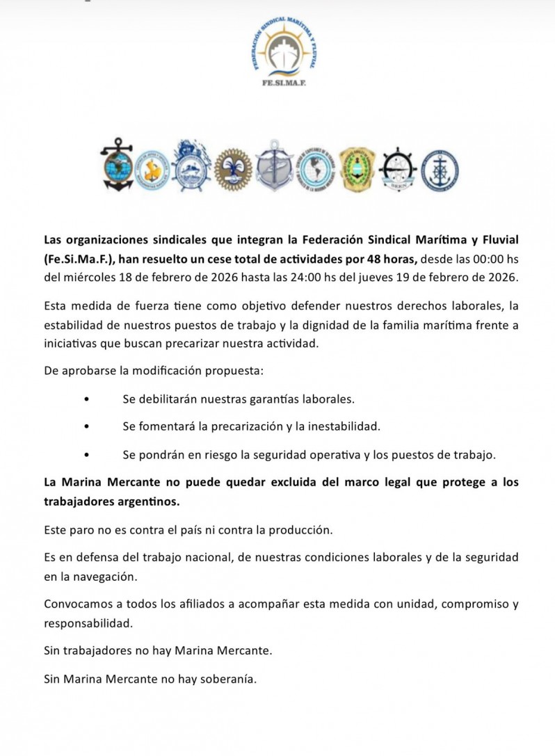 El sindicato de capitanes y oficiales fluviales inicia un paro y se frenan las exportaciones por 48 horas
