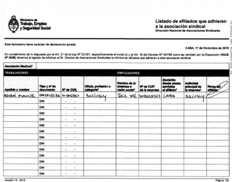 La inscripción de Manuel Adorni como trabajador de delivey en el Ministerio de Trabajo.
