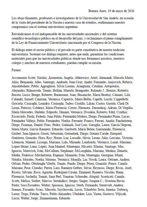 Tras la visita de Milei, docentes de la Universidad San Andrés publicaron una dura carta contra el gobierno