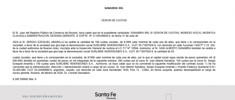 Boletín Oficial donde se formaliza el ingreso de Surlibre Inversiones vinculada a Cerimedo