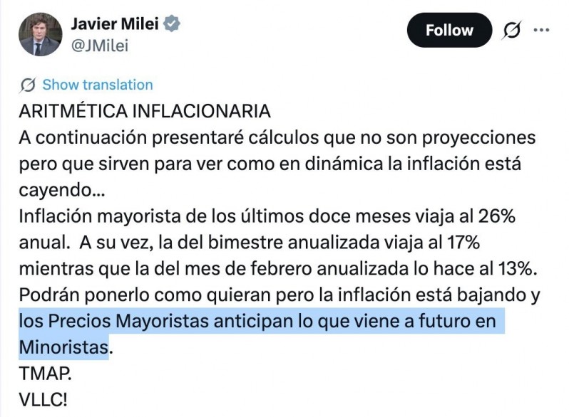 Se posterga hasta nuevo aviso el Movistar de Milei, la inflación mayorista saltó al 3,2%