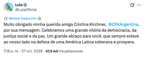 Lula le agradeció a Cristina y Massa por el apoyo en las elecciones