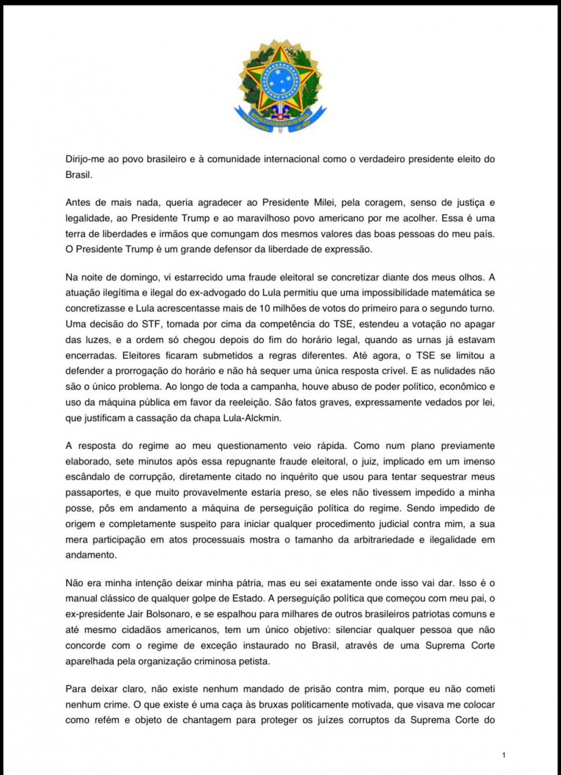 Primera version de la carta de Flavio donde se presenta como "presidente electo de Brasil".